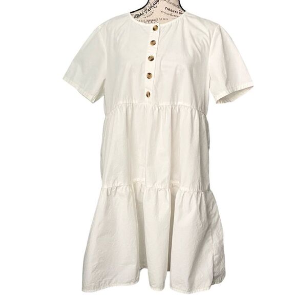 Madewell Button-Front Short Sleeve Tiered Mini Dress in Size Large in Lighthouse - Picture 7 of 12
